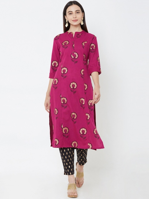 

FASHOR Women Magenta & Black Printed Kurta with Trousers