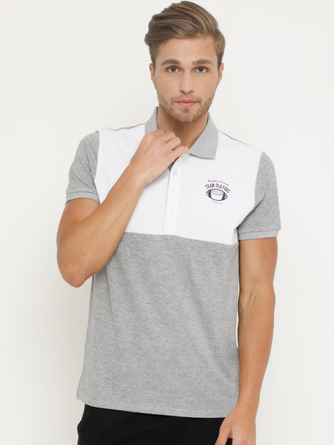 

Masculino Latino Men Grey Melange Colourblocked Polo Collar T-shirt
