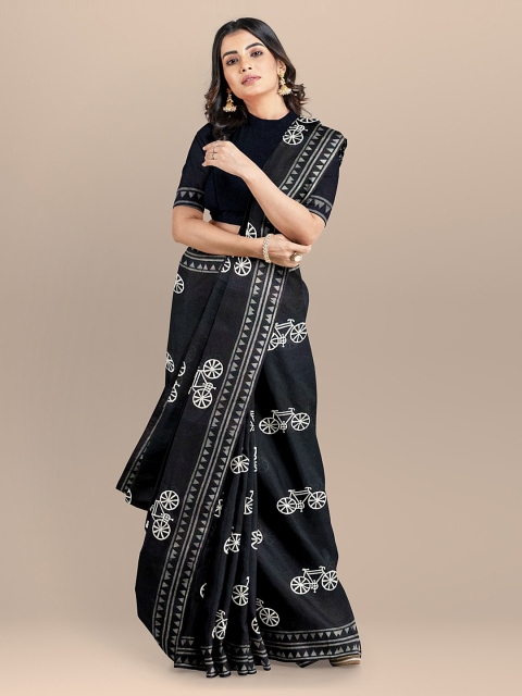 

BharatSthali Black Printed Pure Cotton Handloom Saree