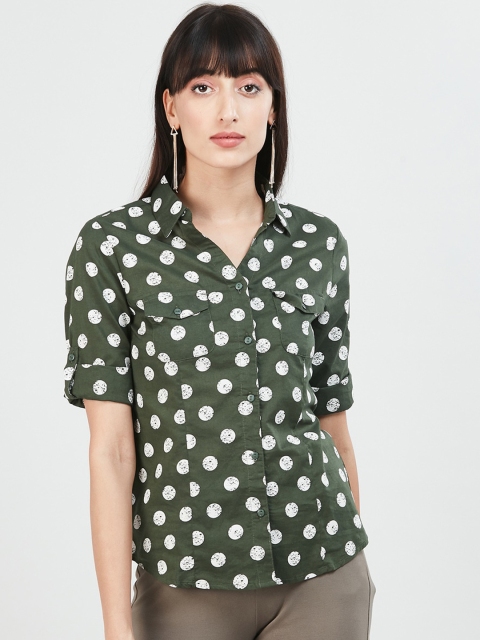 

max Women Olive Green Printed Shirt Style Pure Cotton Top