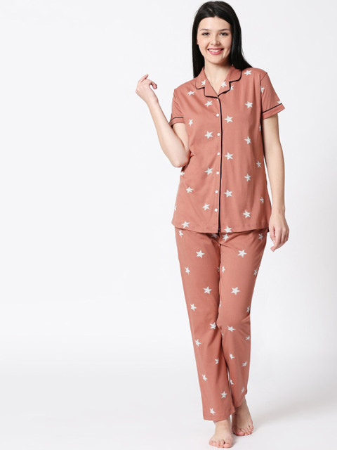 

I like me Women Brown & White Printed Night suit