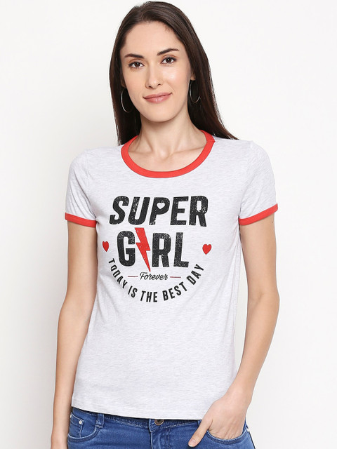 

Honey by Pantaloons Women Grey Melange Printed Round Neck T-shirt