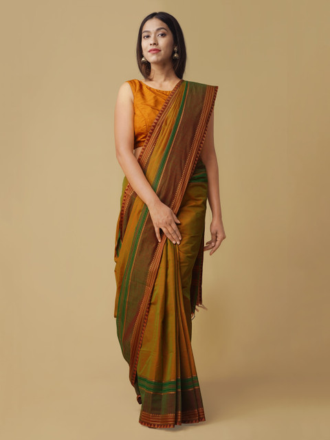 

Unnati Silks Olive Green Pure Cotton Striped Handloom Kanjeevaram Saree