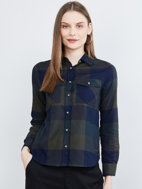 

max Women Olive Green Checked Shirt Style Top