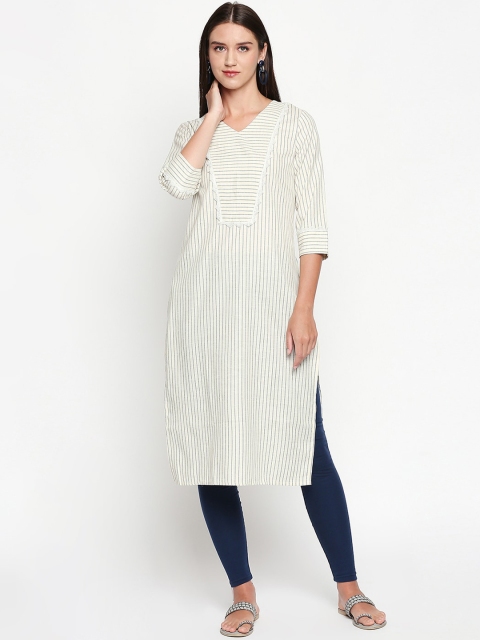 

Lobaanya Women White & Black Striped Straight Kurta