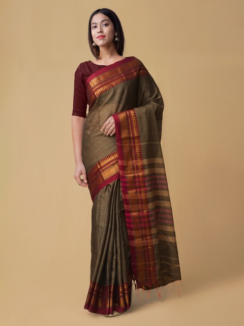 

Unnati Silks Brown & Gold-Coloured Pure Cotton Woven Design Venkatgiri Saree