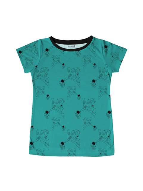 

mezmoda Girls Blue Printed Round Neck T-shirt