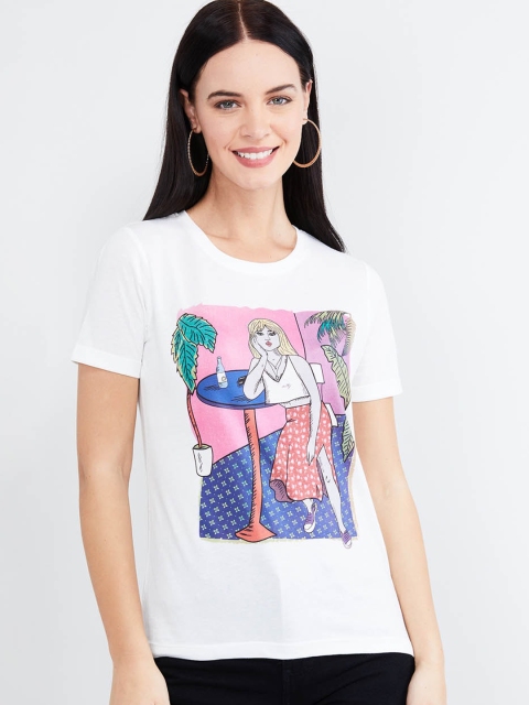

max Women White Printed Round Neck T-shirt