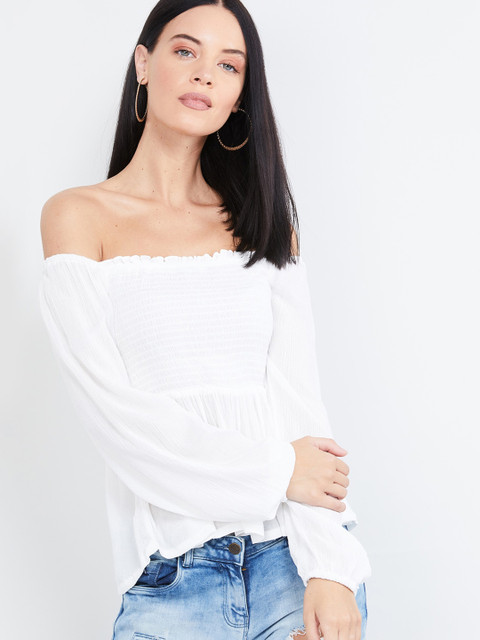

max Women White Solid Smocked Bardot Top