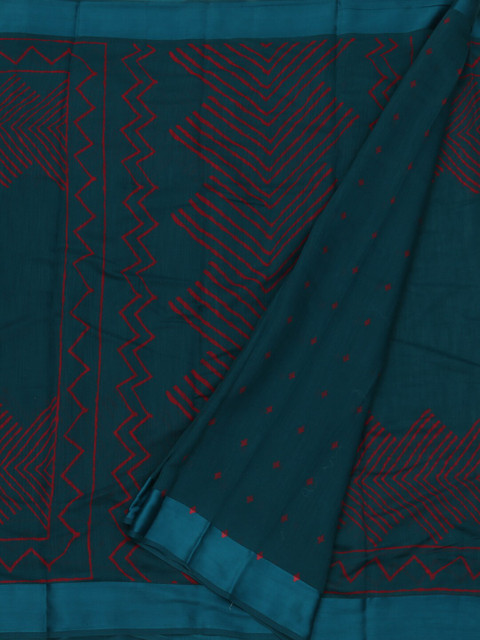 

Pothys Teal & Red Linen Blend Printed Saree