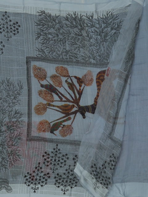 

Pothys Grey Printed Jute Silk Saree