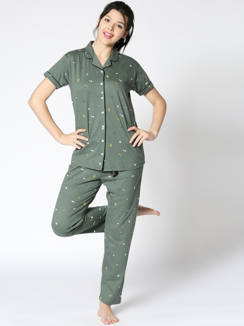 

I like me Women Olive Green & White Printed Night suit