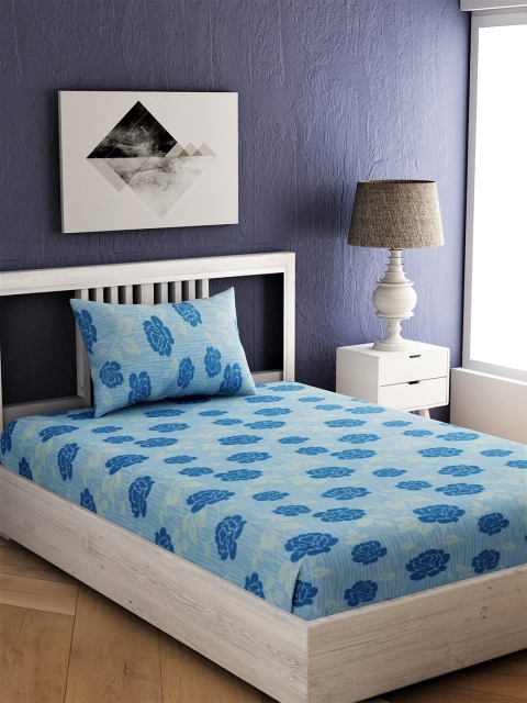 

EverHOME Blue Floral 144 TC Cotton 1 Single Bedsheet with 1 Pillow Covers