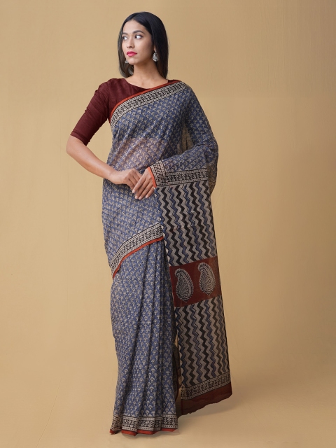 

Unnati Silks Blue & Brown Pure Cotton Printed Kota Handloom Saree