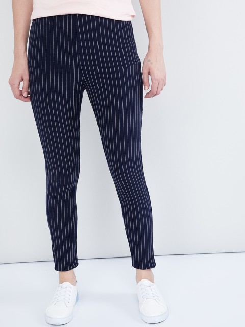 

max Women Navy Blue Regular Fit Striped Regular Trousers