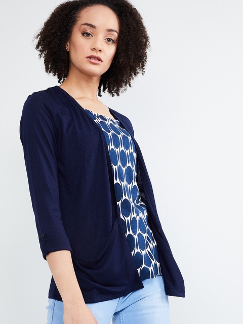 

max Women Navy Blue & White Layered Printed Top
