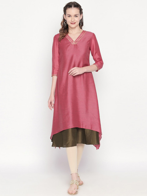 

Lobaanya Women Pink & Olive Green Solid Layered A-Line Kurta