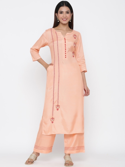 

Jaipur Kurti Women Peach-Coloured Embroidered Kurta with Palazzos & Dupatta