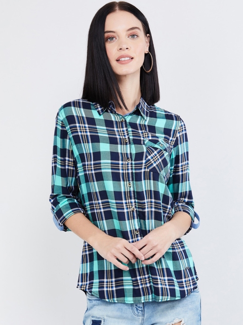 

max Women Navy Blue Checked Shirt Style Top
