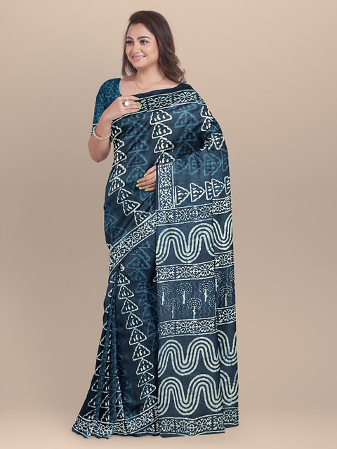 

BharatSthali Blue Printed Pure Cotton Sustainable Saree