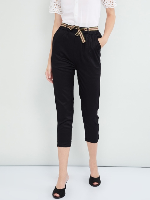 

max Women Black Slim Fit Solid Regular Trousers