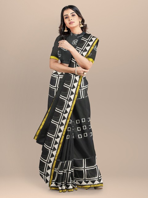 

BharatSthali Black & White Pure Cotton Printed Saree