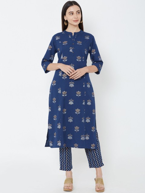 

FASHOR Women Blue Printed Kurta with Trousers