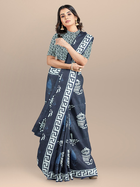

BharatSthali Blue & White Pure Cotton Dyed Saree