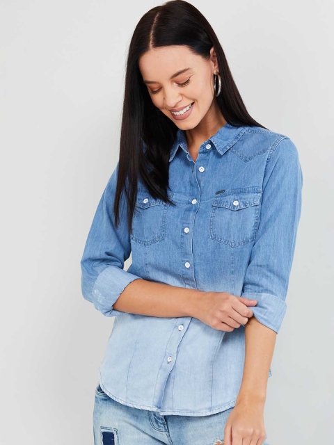 

max Women Blue Solid Shirt Style Top