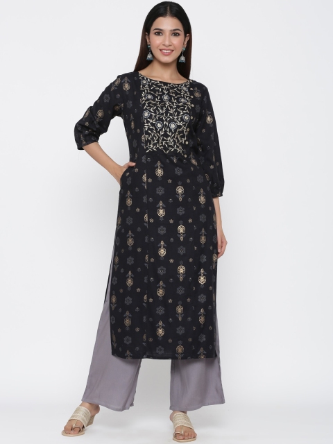 

Jaipur Kurti Women Black Floral Printed Thread Work Kurta with Palazzos