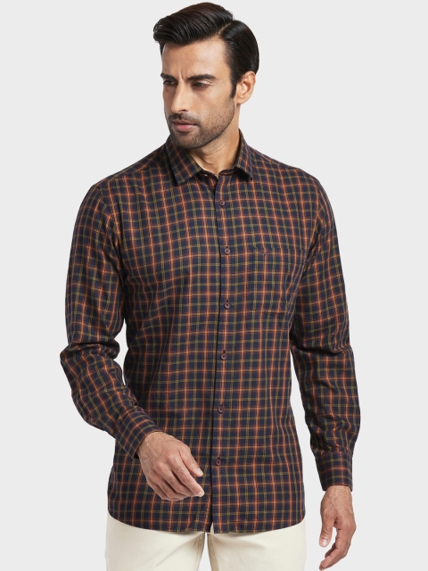 

ColorPlus Men Navy Blue & Orange Regular Fit Checked Casual Shirt