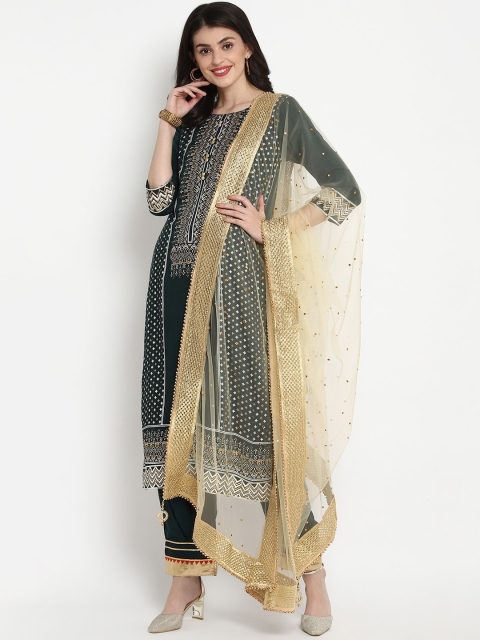 

Tulsattva Women Green & Beige Embroidered Kurta with Churidar & Dupatta