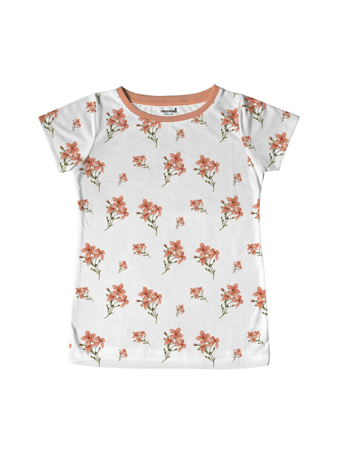 

mezmoda Girls White & Beige Printed Round Neck T-shirt