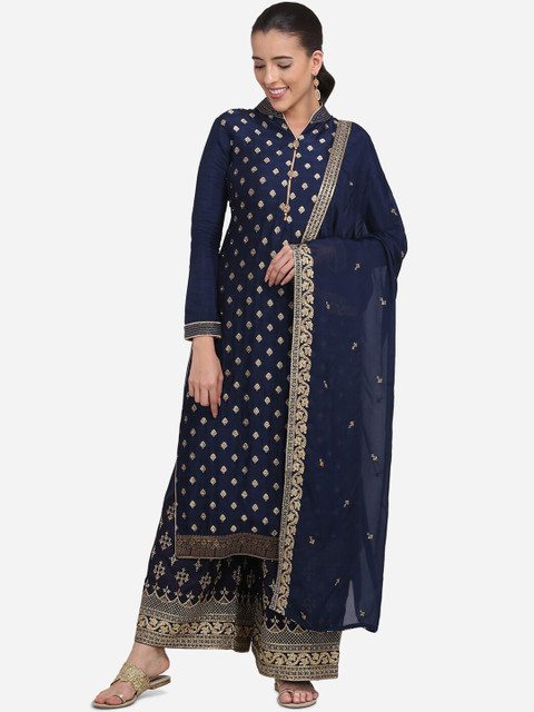 

Stylee LIFESTYLE Navy Blue & Gold Art Silk Unstitched Dress Material