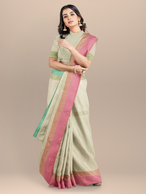 

BharatSthali Cream-Coloured & Pink Pure Cotton Kovai Handloom Saree