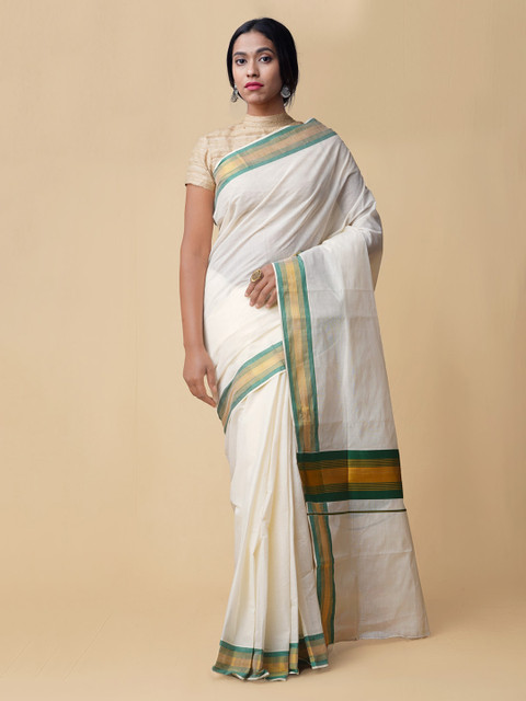 

Unnati Silks White & Green Pure Cotton Solid Kasavu Saree