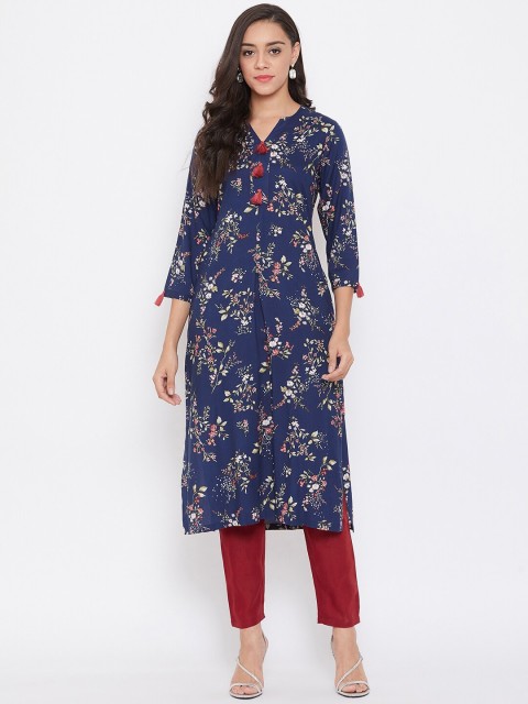 

Tissu Women Navy Blue & Olive Green Printed Straight Kurta