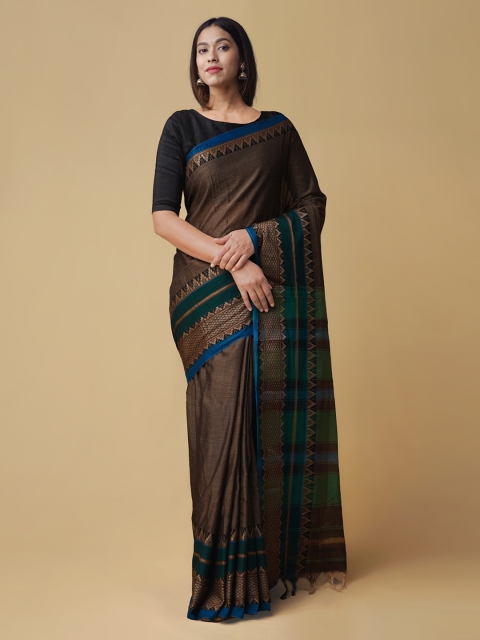 

Unnati Silks Brown Pure Cotton Solid Handloom Narayan Peth Saree