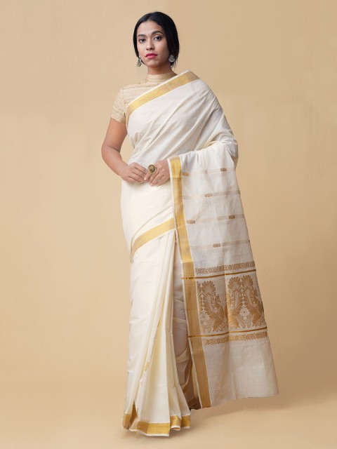 

Unnati Silks White & Gold Pure Cotton Solid Kasavu Saree