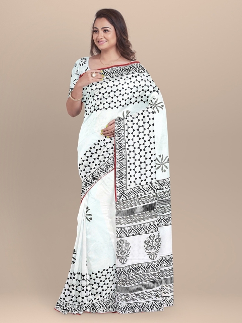 

BharatSthali White & Black Pure Cotton Printed Saree