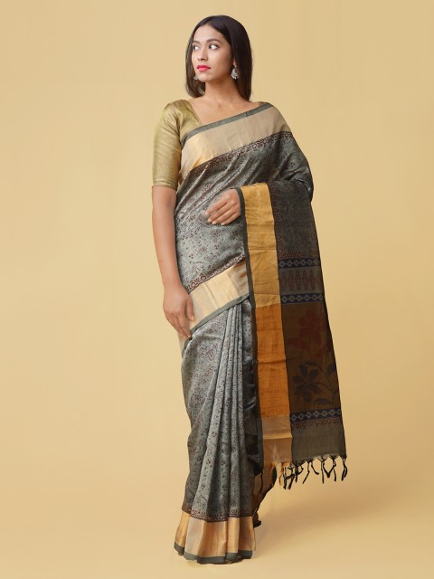 

Unnati Silks Grey Silk Cotton Printed Kanjeevaram Saree