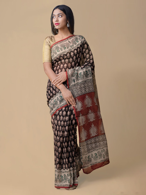 

Unnati Silks Black & Red Pure Cotton Printed Kota Handloom Saree