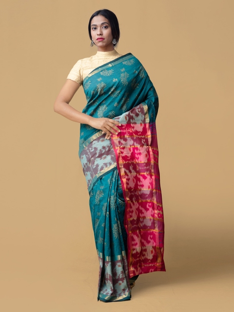 

Unnati Silks Green & Pink Silk Cotton Printed Pochampally Saree