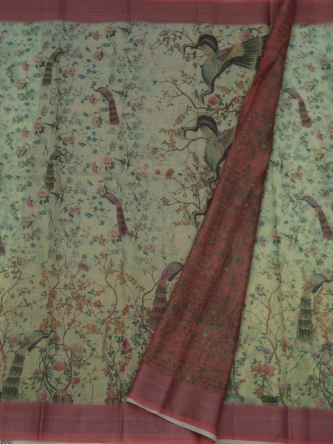 

Pothys Yellow Printed Linen Blend Saree