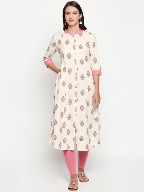 

Lobaanya Women Off-White & Pink Printed A-Line Kurta