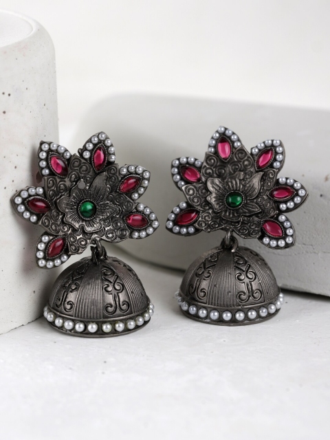 

Fabstreet Silver-Plated & Gunmetal-Toned Handcrafted Dome Shaped Jhumkas, Metallic