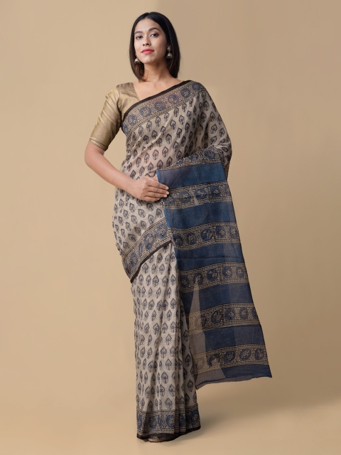 

Unnati Silks Cream-Coloured & Blue Pure Cotton Printed Kota Saree