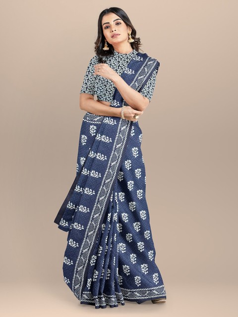 

BharatSthali Blue & White Pure Cotton Printed Saree