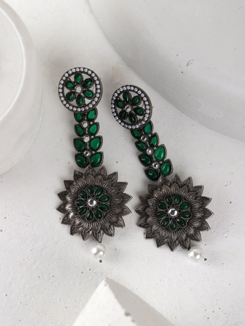

Fabstreet Green Silver Plated Handcrafted Floral Drop Earrings