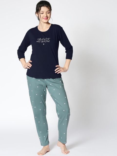 

I like me Women Navy Blue & Green Printed Night suit